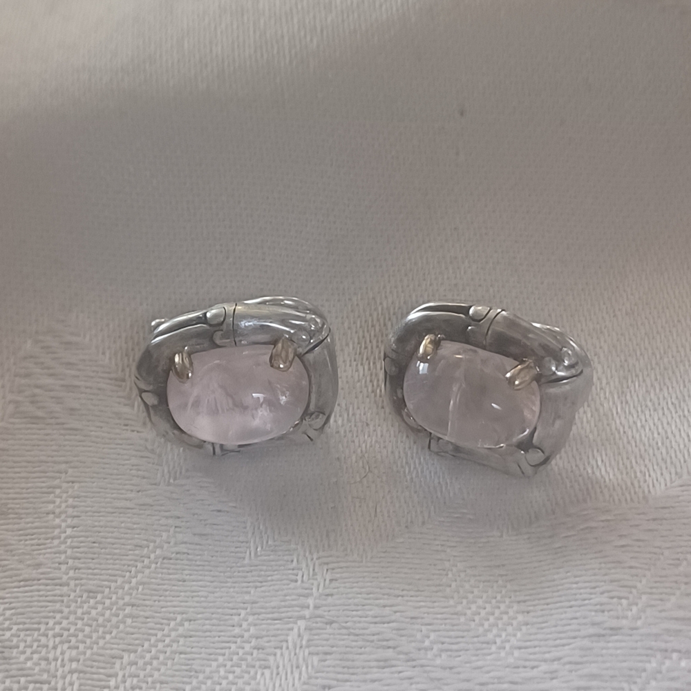 John Hardy Bamboo Rose Quartz Earrings, SS & 18k Gold - Picture 3 of 10